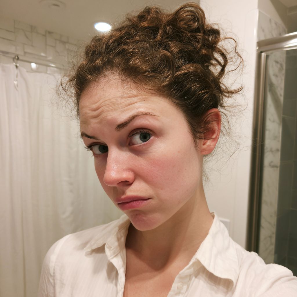 Una mujer ceñuda de pie en un cuarto de baño | Fuente: Midjourney