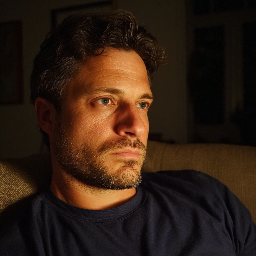 Un uomo preoccupato seduto su un divano | Fonte: Midjourney