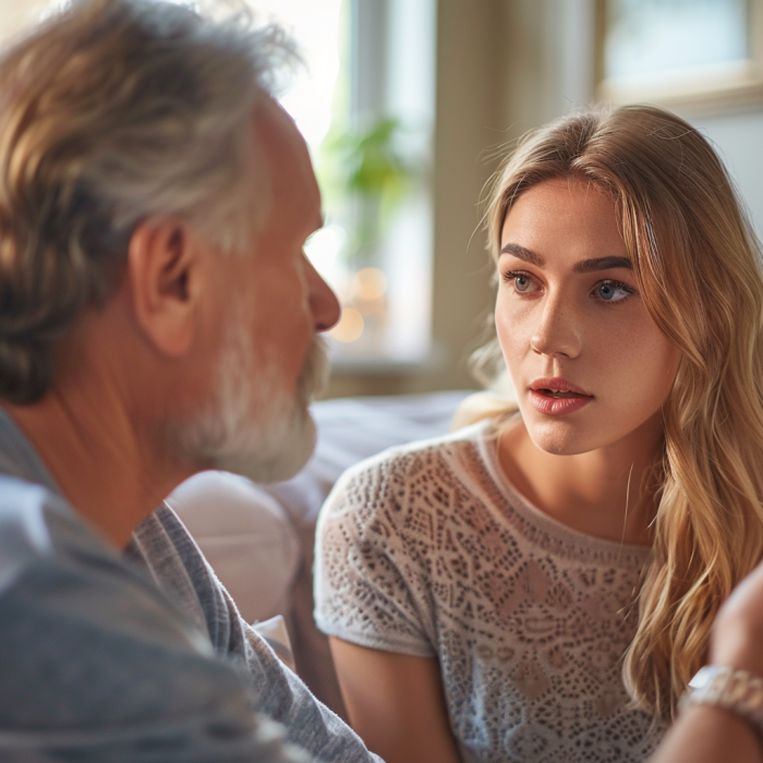 Una mujer hablando con su padre en el salón de su casa | Fuente: Midjourney