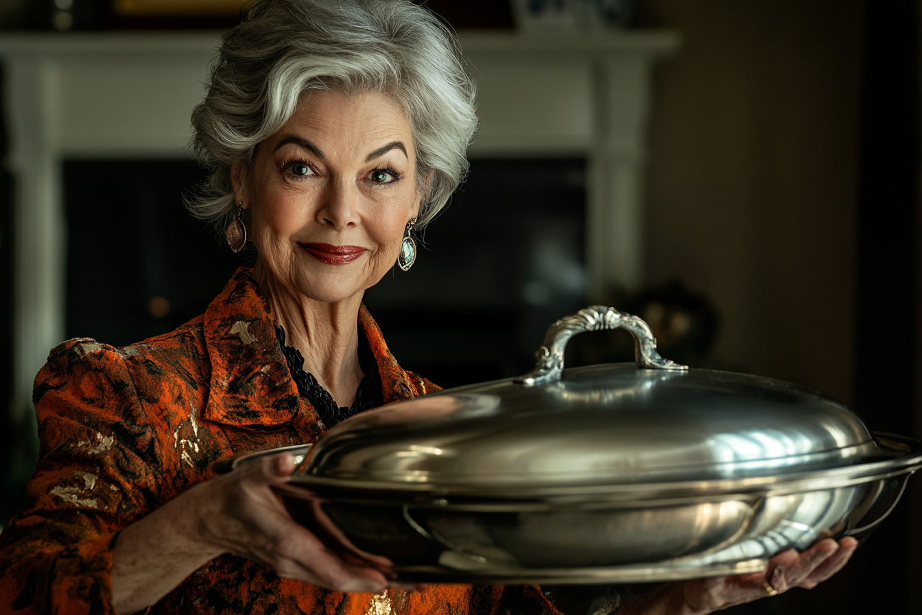 Una mujer engreída presentando un plato cubierto en una mesa | Fuente: Midjourney