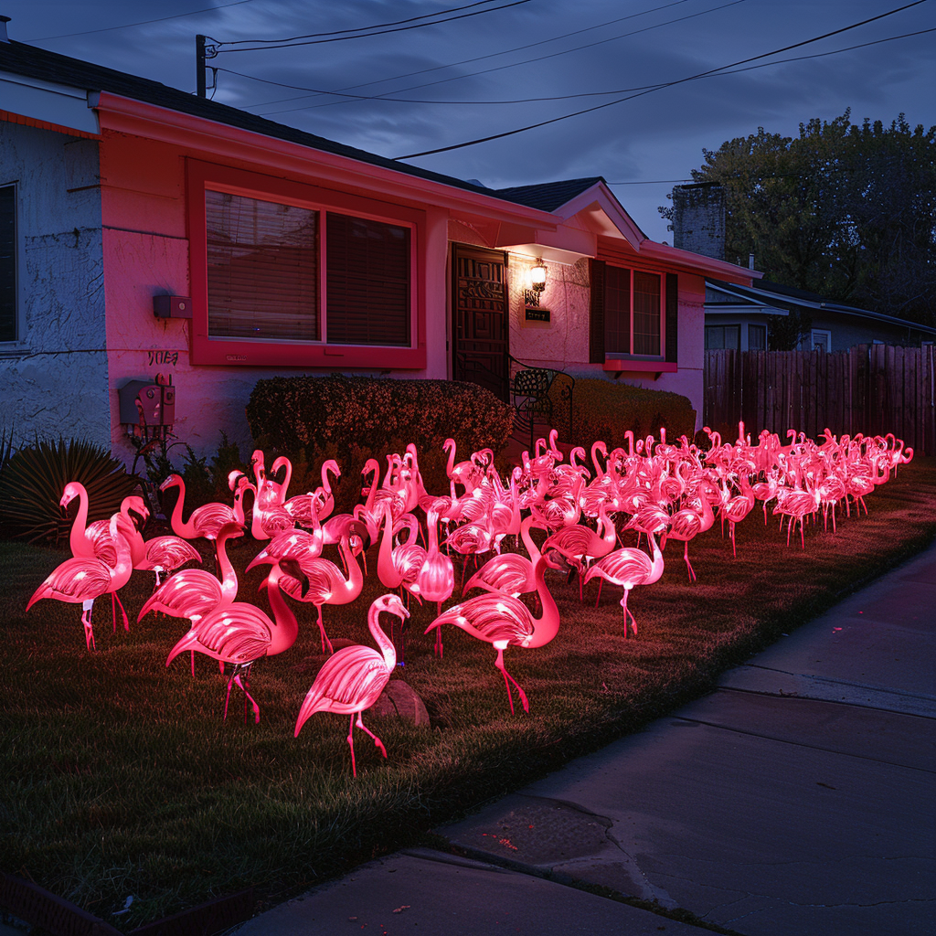 El patio delantero de una casa cubierto de flamencos de plástico rosa brillante | Fuente: Midjourney