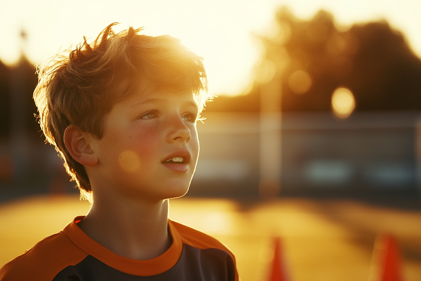Un niño de pie en un campo de fútbol | Fuente: Midjourney