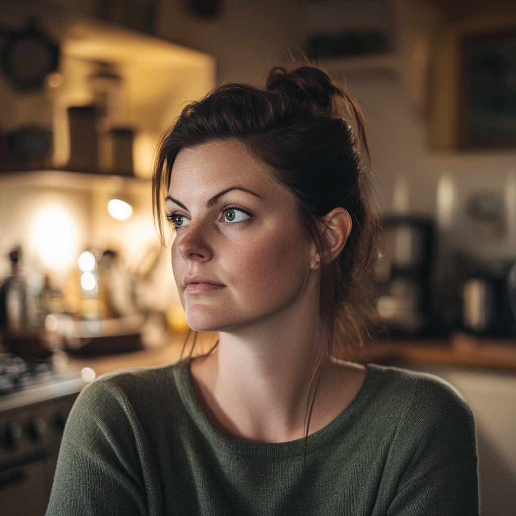 Una mujer curiosa de pie en la cocina y mirando a alguien | Fuente: Midjourney