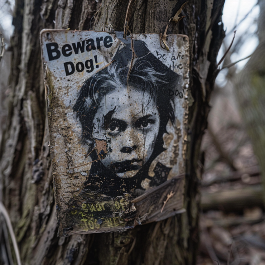 Cartel pegado en el viejo roble con la cara de Danny y el titular "¡Cuidado con el perro!" | Fuente: Midjourney