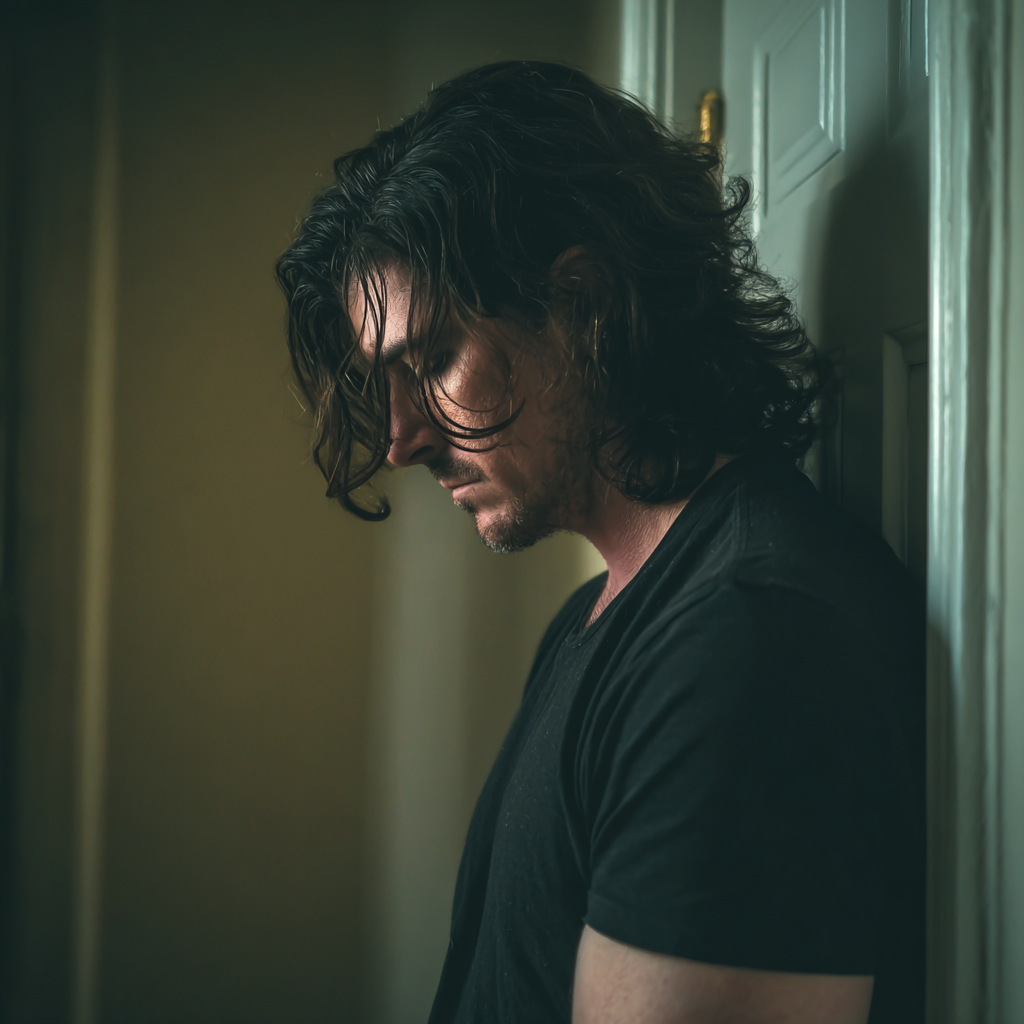 Un hombre molesto apoyado contra una puerta | Fuente: Midjourney
