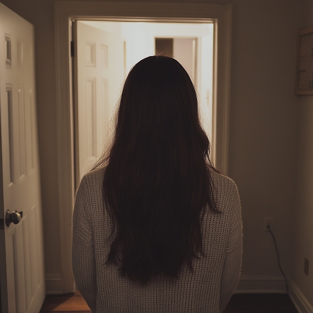 Una mujer en el pasillo de un apartamento | Fuente: Midjourney