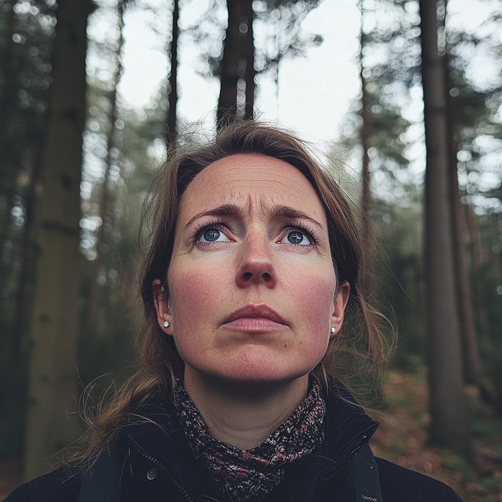 Una mujer en el bosque con cara de preocupación | Fuente: Midjourney