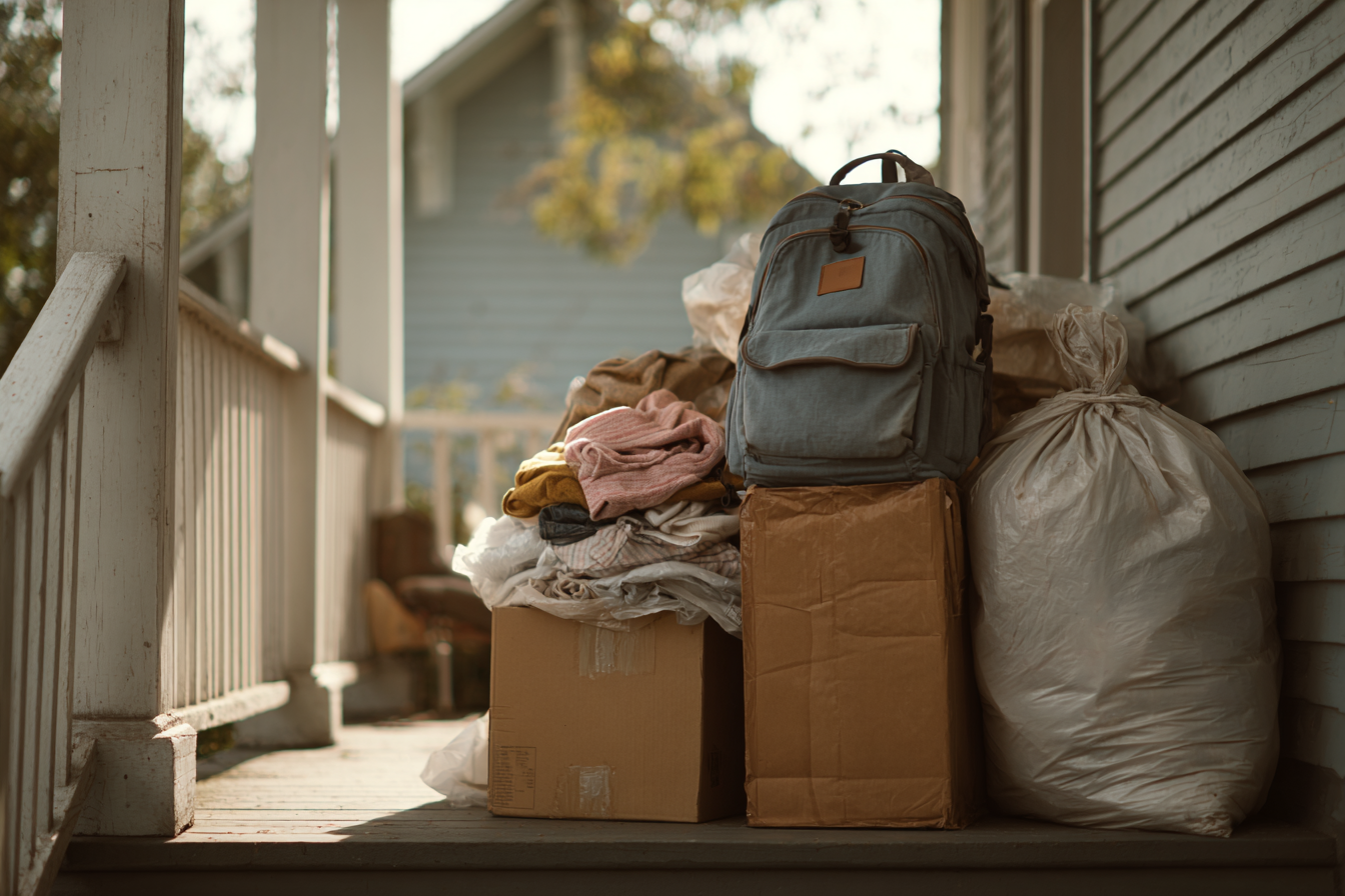 Cajas y ropa en un porche | Fuente: Midjourney