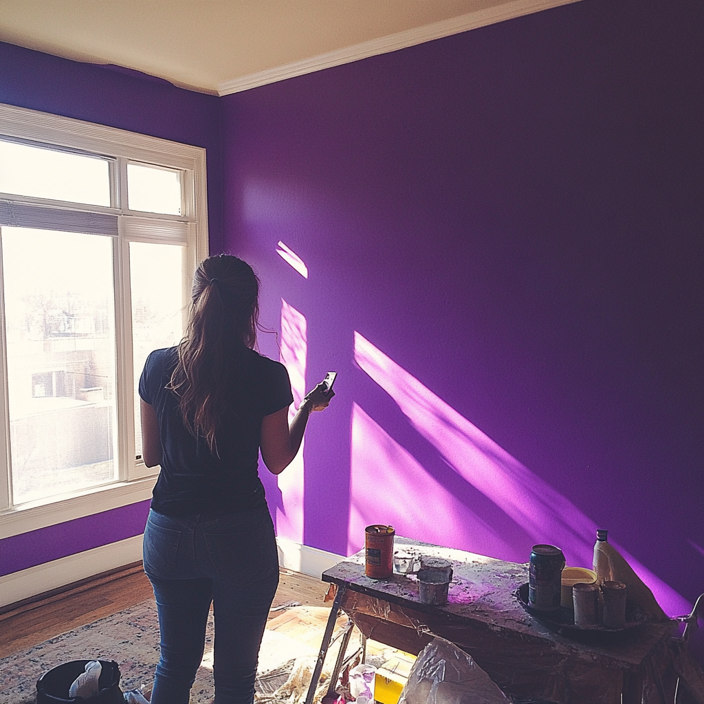 Una mujer pintando las paredes de morado | Fuente: Midjourney