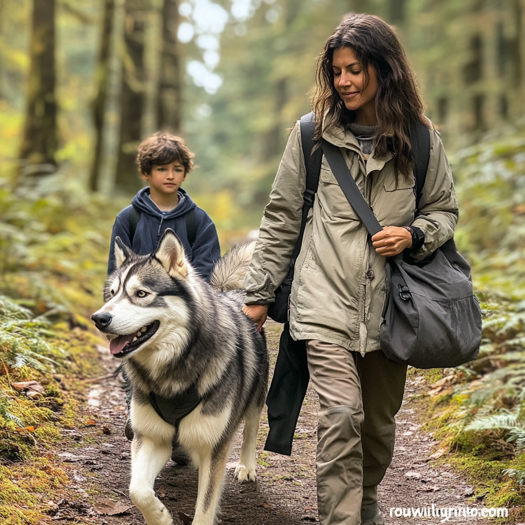 Una mujer caminando por el bosque con su hijo y su husky | Fuente: Midjourney