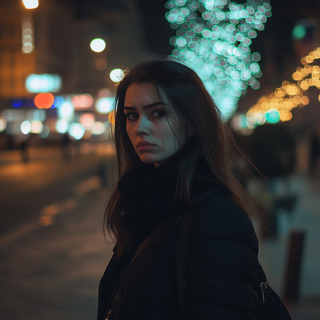 Una mujer triste caminando por la calle | Fuente: Midjourney