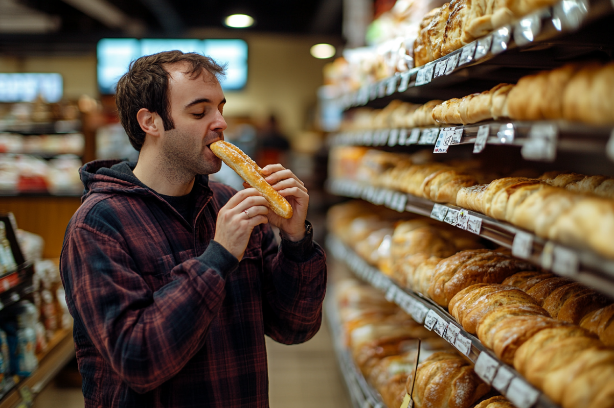 Un hombre comiendo un palito de pan en un supermercado | Fuente: Midjourney