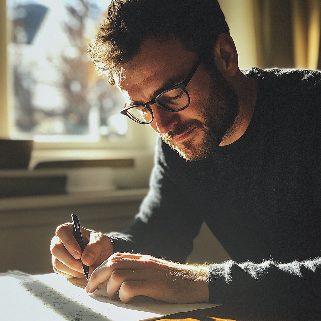 Un hombre escribiendo en un papel | Fuente: Midjourney