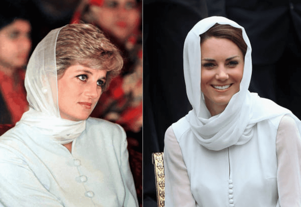 La princesa Diana en Pakistán, el 22 de junio de 1996 y Kate Middleton con un pañuelo en la cabeza. Kuala Lumpur, el 12 de septiembre de 2012. | Foto: Tim Graham / Chris Jackson / Getty Images