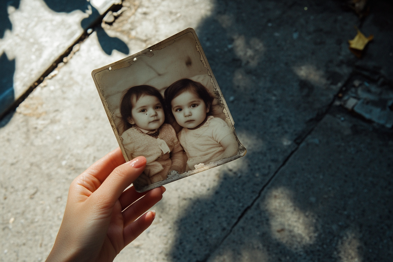 La mano de una mujer sosteniendo una fotografía de dos niñas gemelas | Fuente: Midjourney