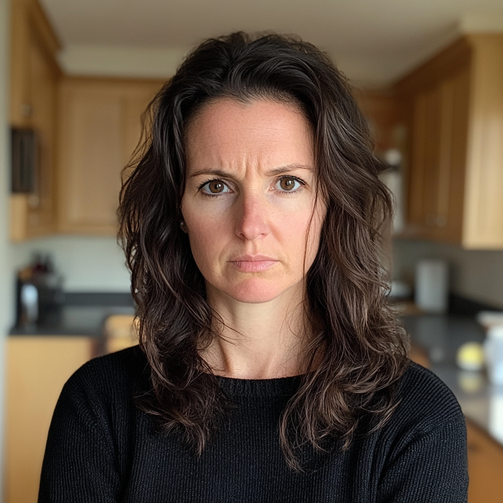 Una mujer ceñuda de pie en una cocina | Fuente: Midjourney