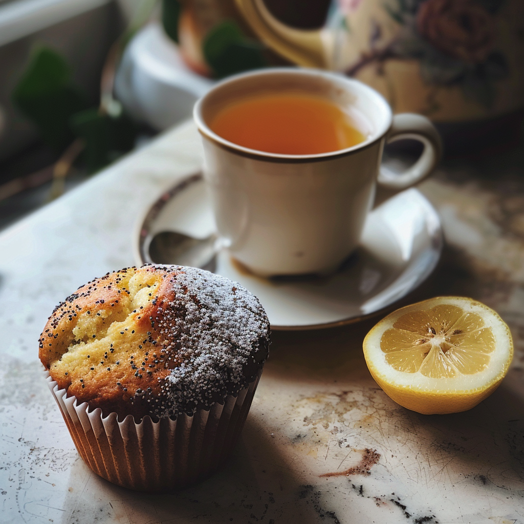 Una taza de té con una magdalena | Fuente: Midjourney