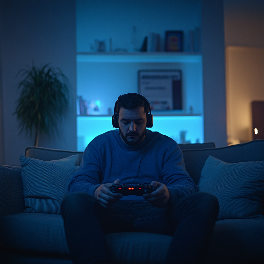 Hombre sentado en un sofá, con auriculares, jugando a videojuegos por la noche. | Fuente: Midjourney