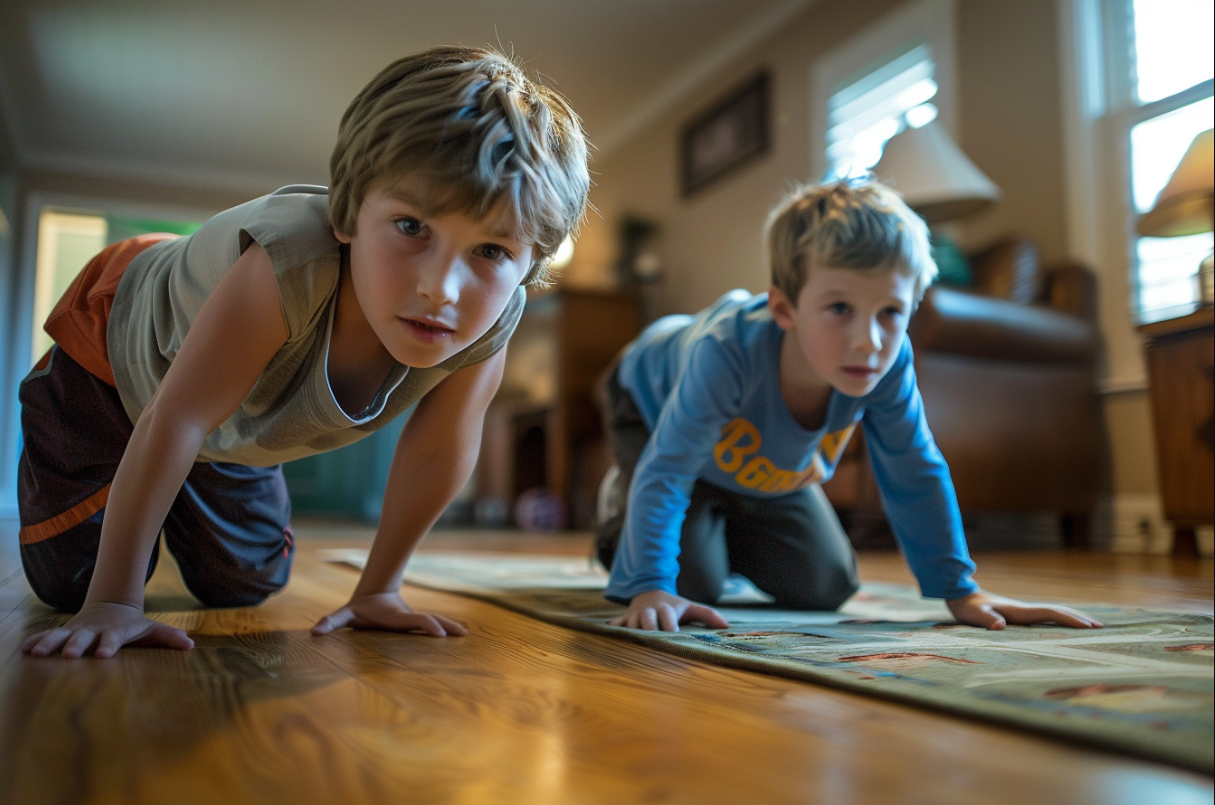 Dos chicos haciendo flexiones | Fuente: Midjourney