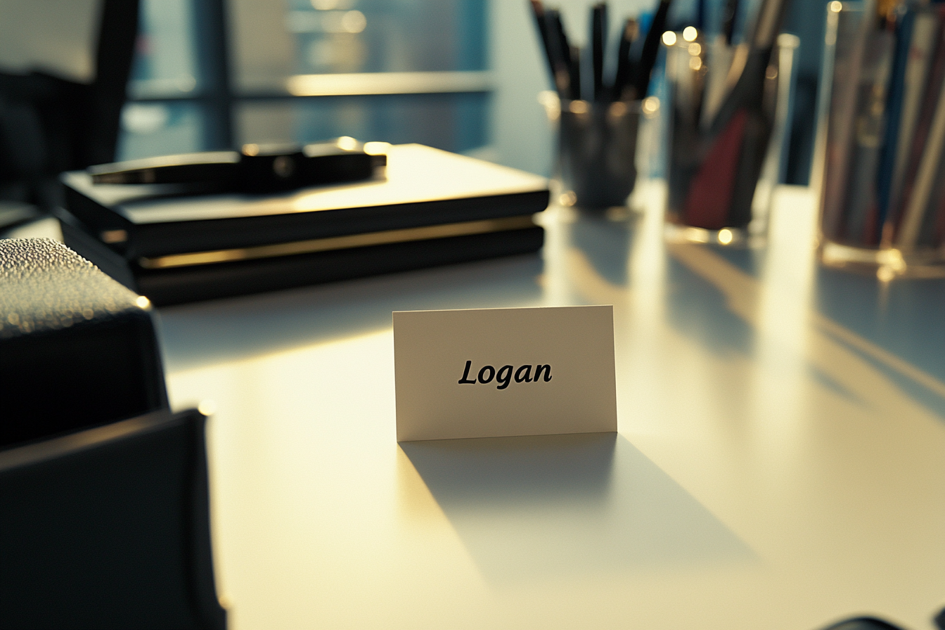 Una tarjeta de contacto sobre un escritorio en la que se lee "Logan" | Fuente: Midjourney