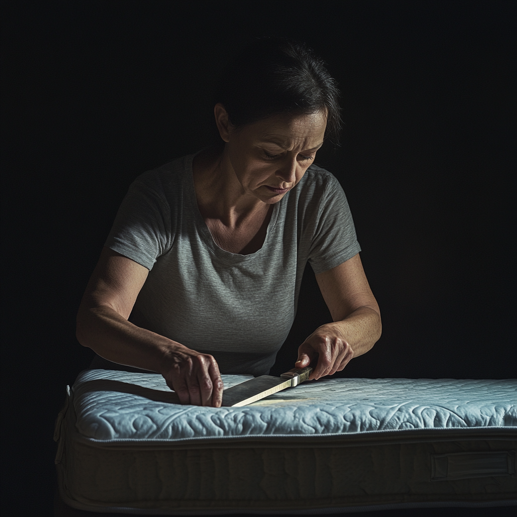 Una donna che taglia un materasso | Fonte: Midjourney