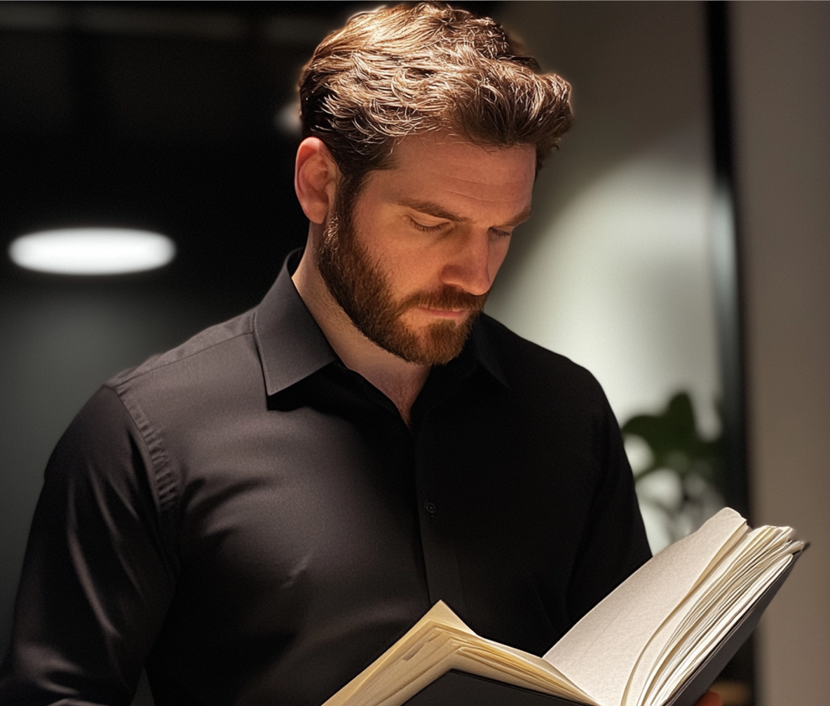 Un hombre leyendo una carpeta | Fuente: Midjourney