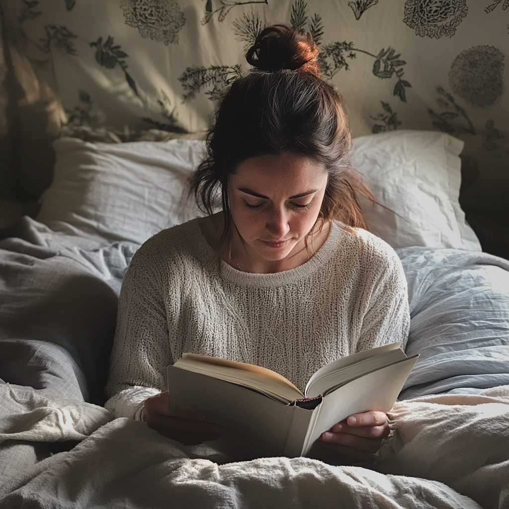 Una mujer sentada en la cama leyendo un libro | Fuente: Midjourney