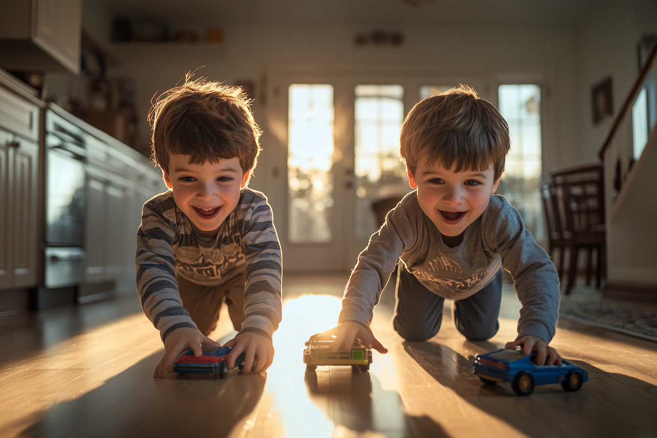 Dos niños gemelos de 7 años jugando con coches de juguete en el suelo de la cocina | Fuente: Midjourney