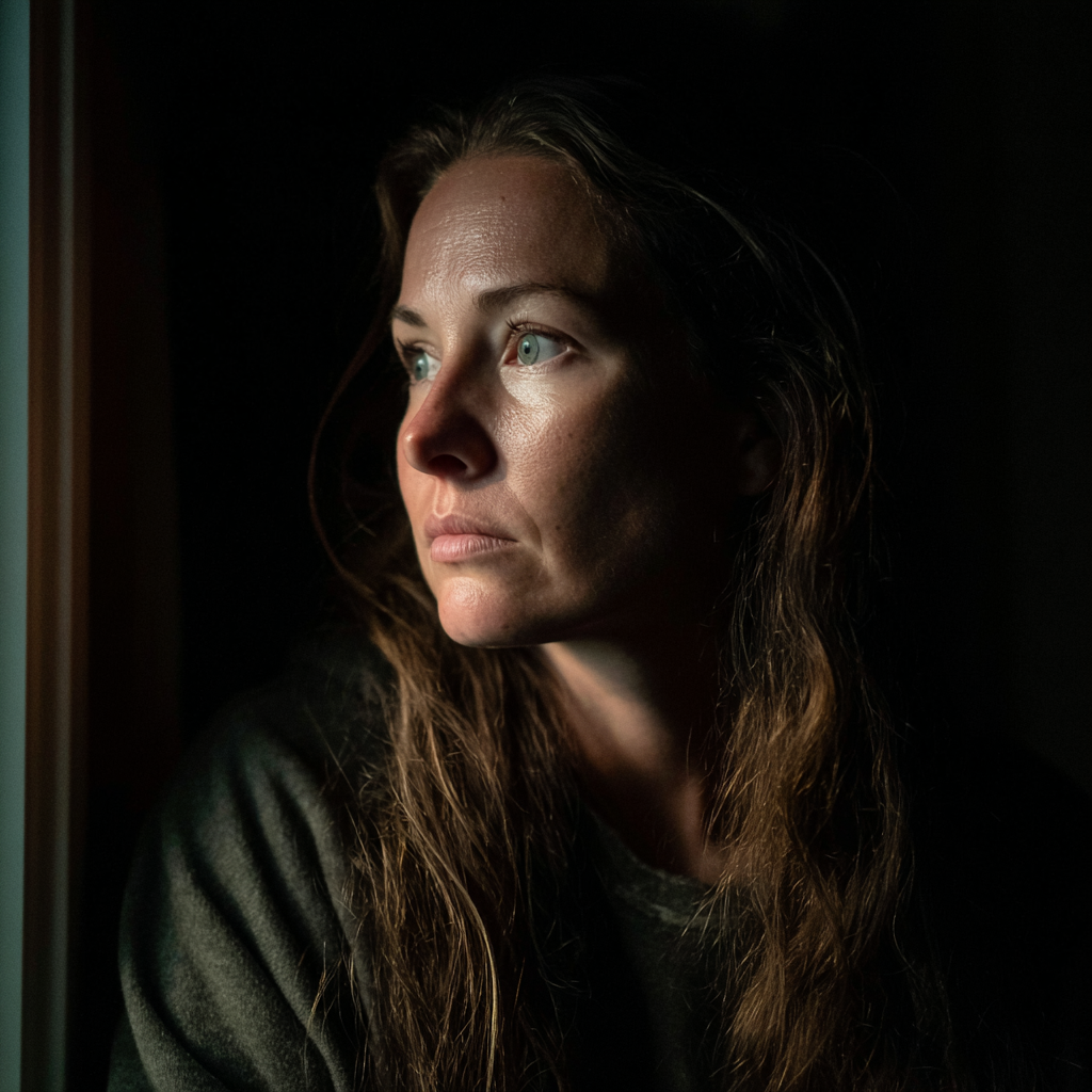 Una mujer alarmada mirando por la ventana de noche | Fuente: Midjourney