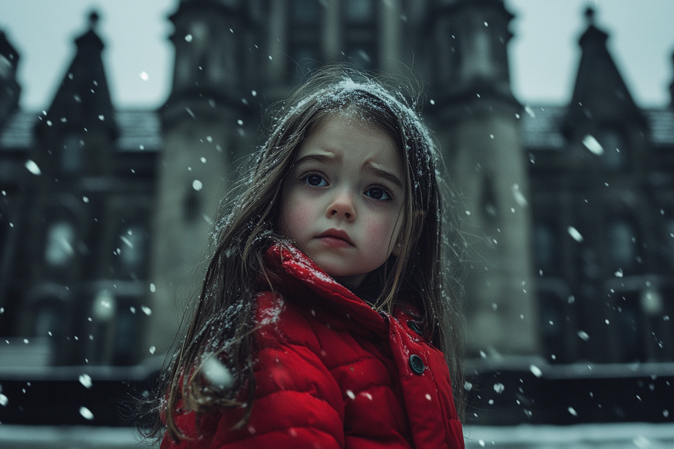 Una niña vestida con una chaqueta roja, con aspecto triste, delante de un edificio al aire libre en la nieve | Fuente: Midjourney