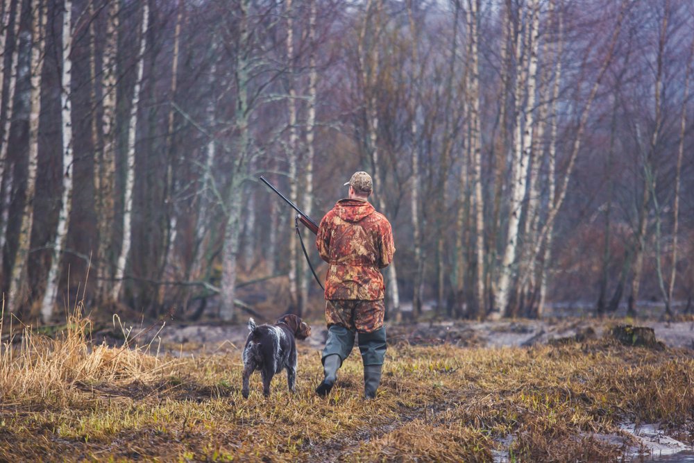 Hombre armado junto a su perro caminando cerca de un bosque. | Foto: Getty Images