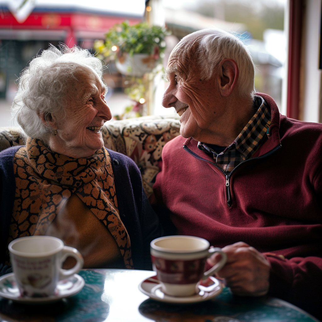 Una pareja de ancianos tomando café juntos en la cafetería de una residencia | Fuente: Midjourney
