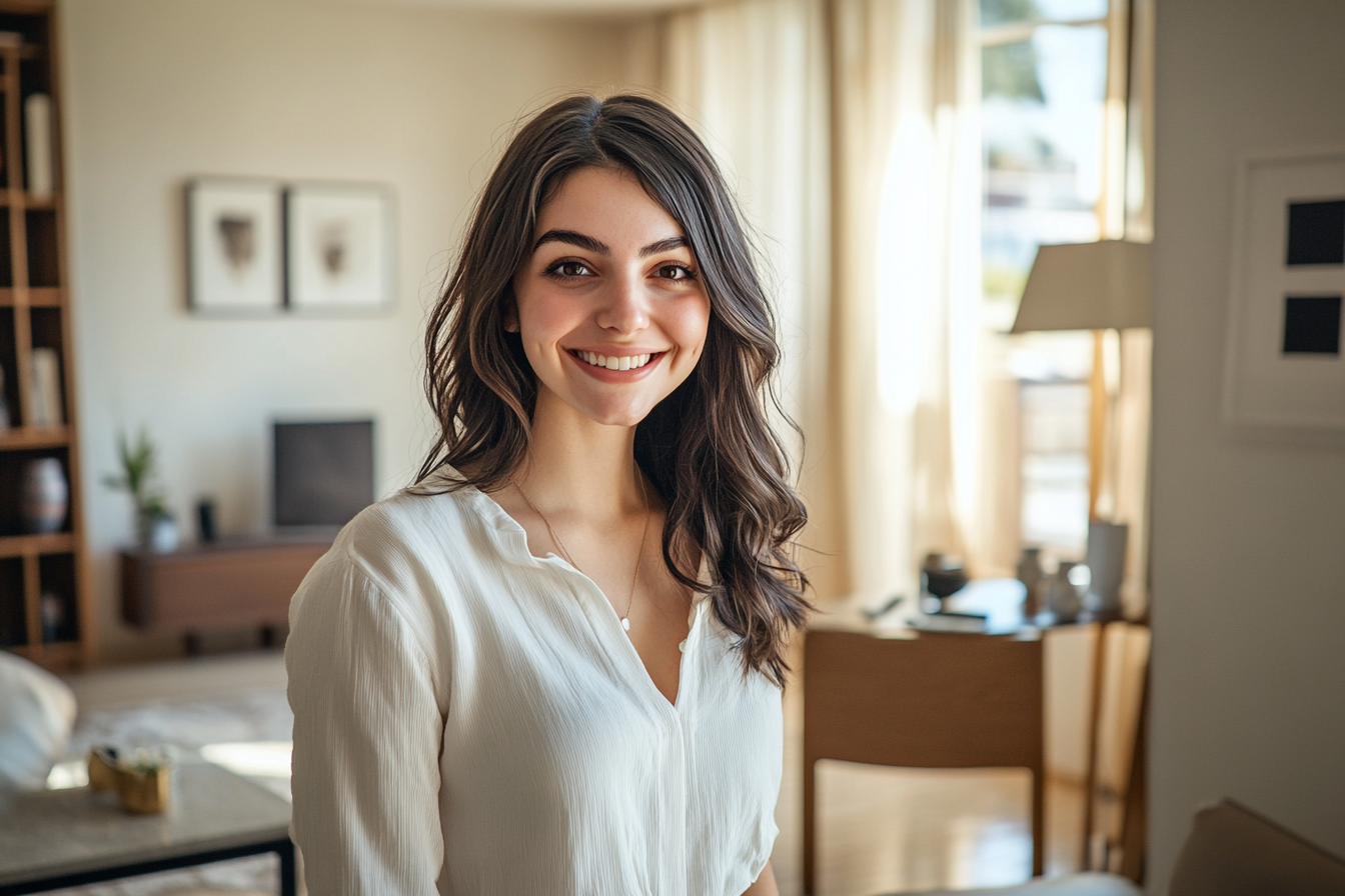 Una mujer sonriente de pie en su salón | Fuente: Midjourney