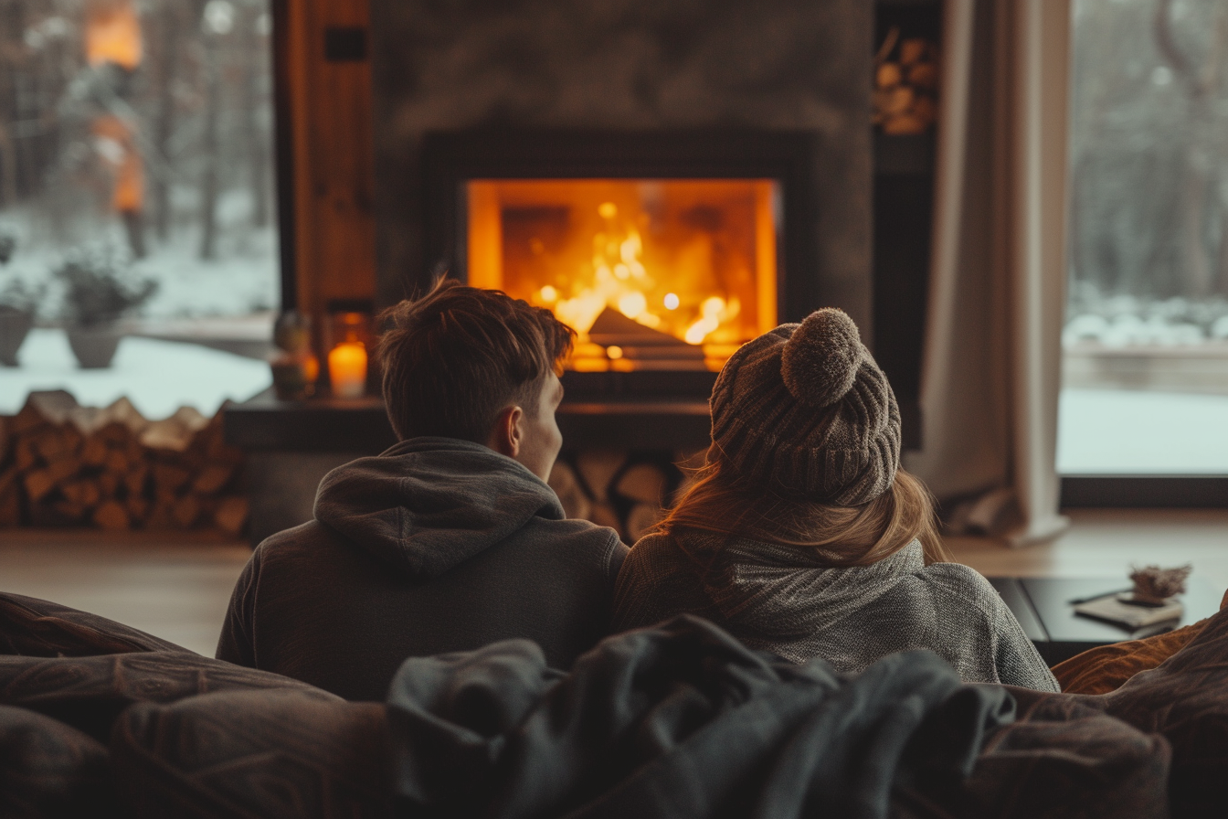 Vista trasera de una pareja hablando sentada junto a la chimenea de su casa | Fuente: Midjourney