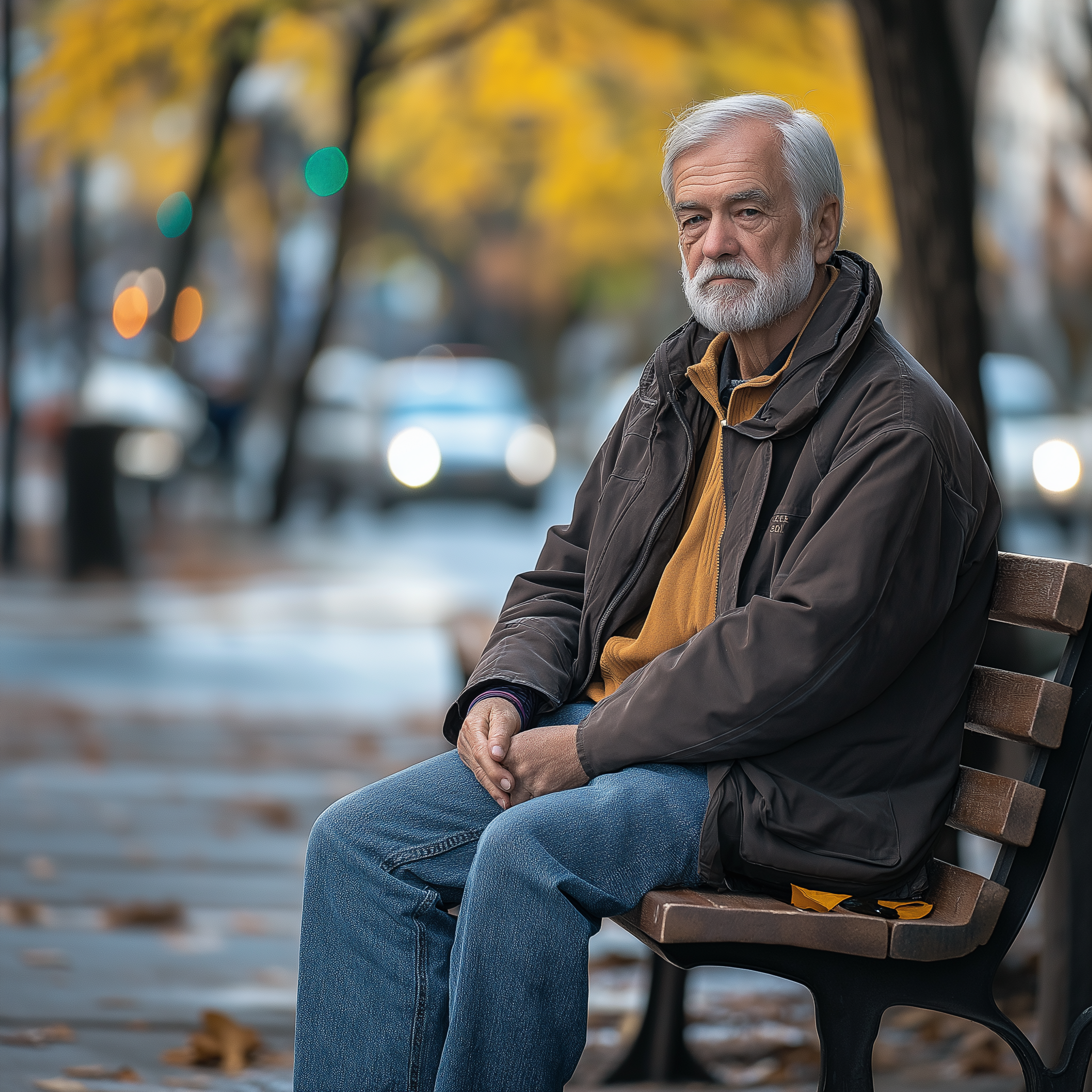 Un anciano mira pensativo sentado en un banco | Fuente: Midjourney