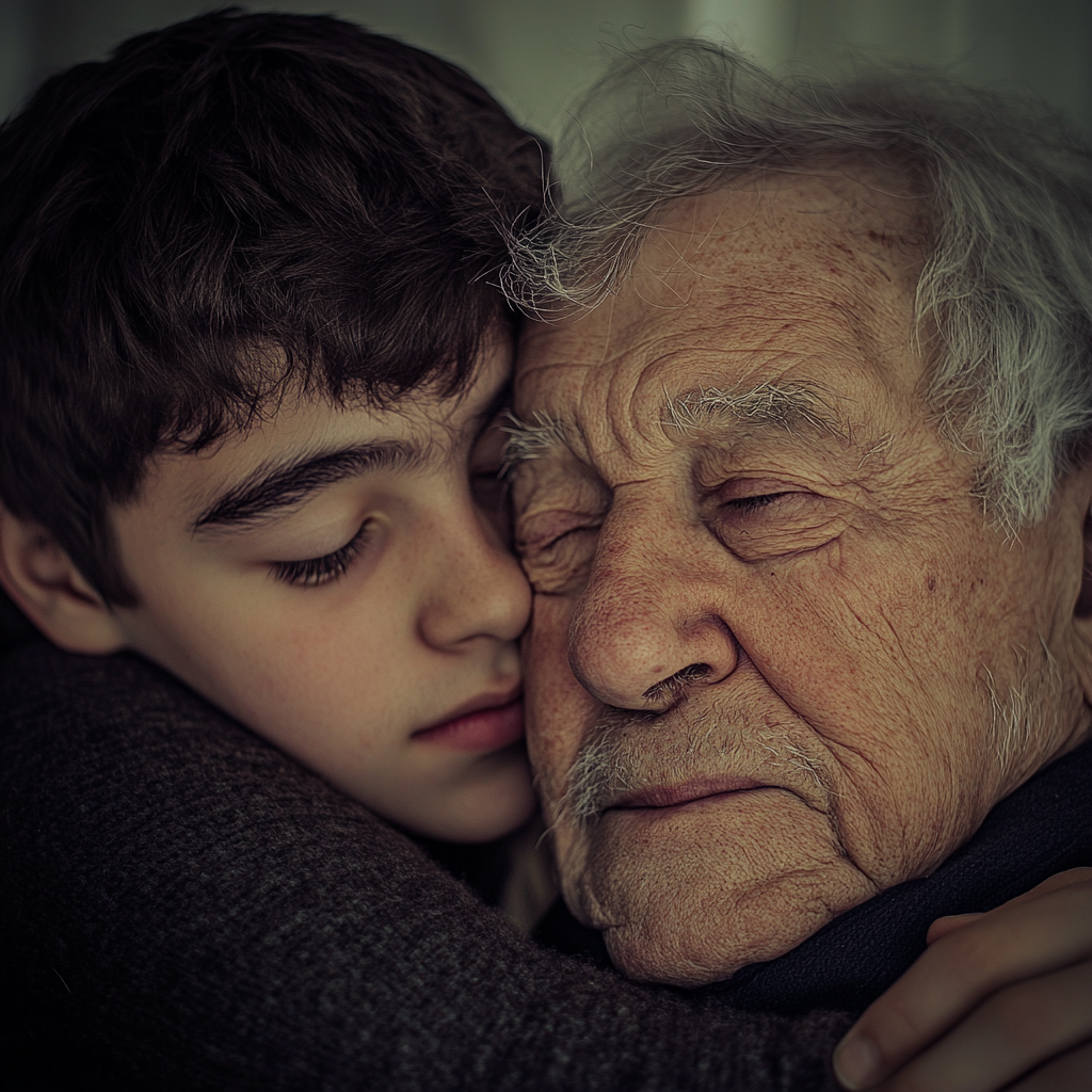 Un niño abrazando a su frágil padre | Fuente: Midjourney