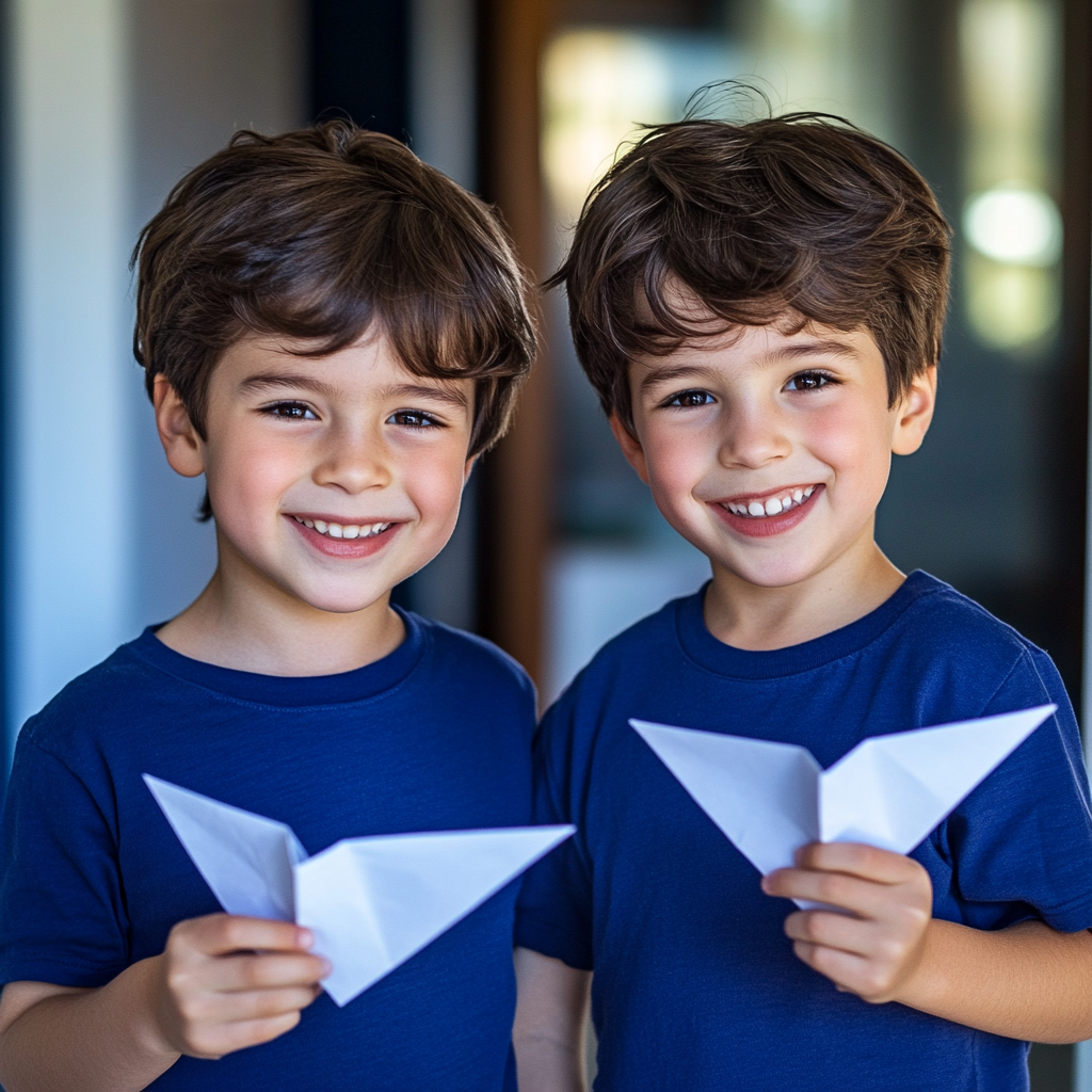 Dos niños sosteniendo aviones de papel y sonriendo | Fuente: Midjourney