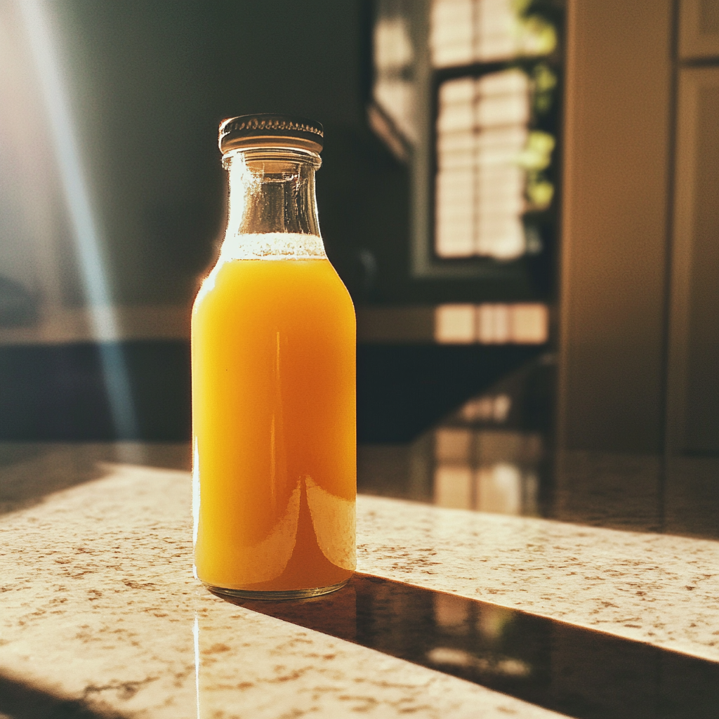 Una botella de zumo en la encimera de la cocina | Fuente: Midjourney