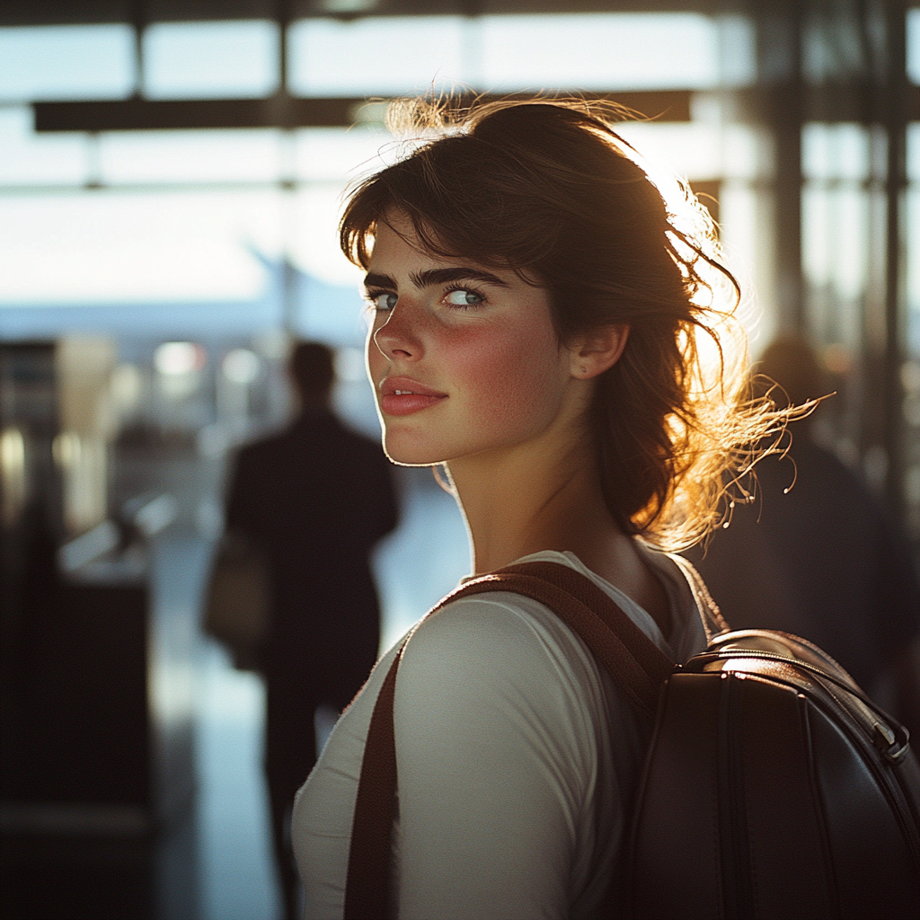 Una mujer satisfecha saliendo del aeropuerto | Fuente: Midjourney