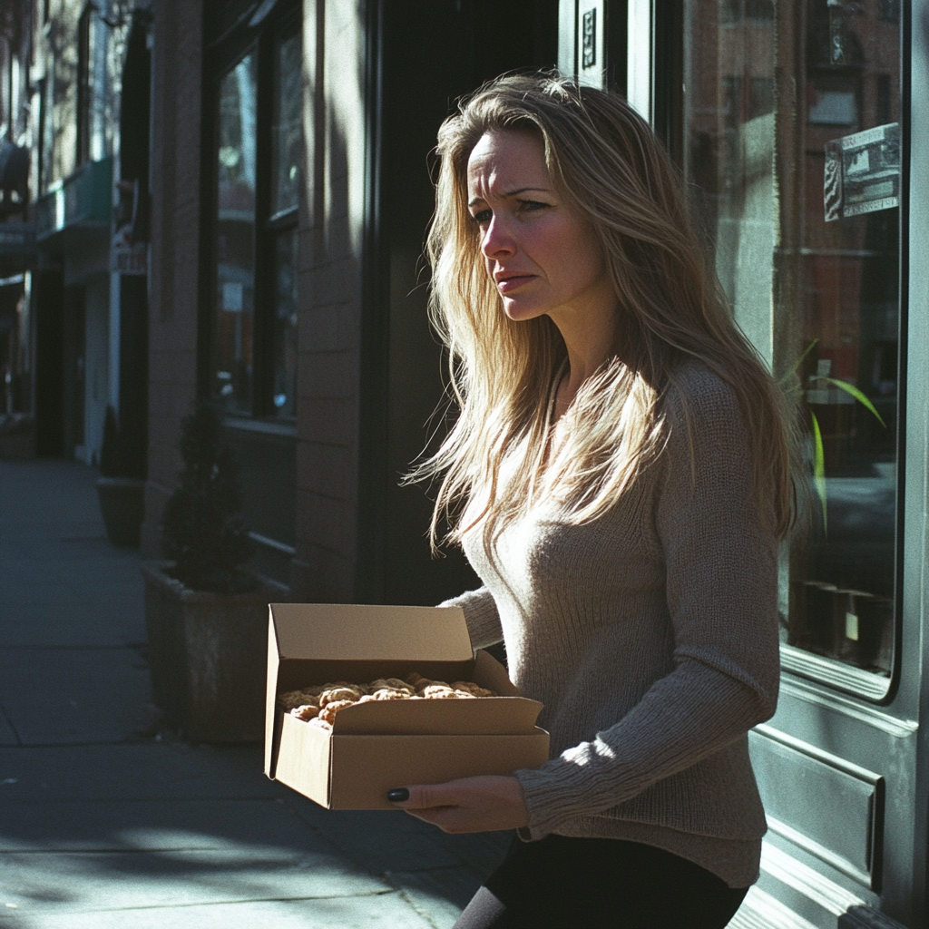 Una mujer con una caja de galletas | Fuente: Midjourney