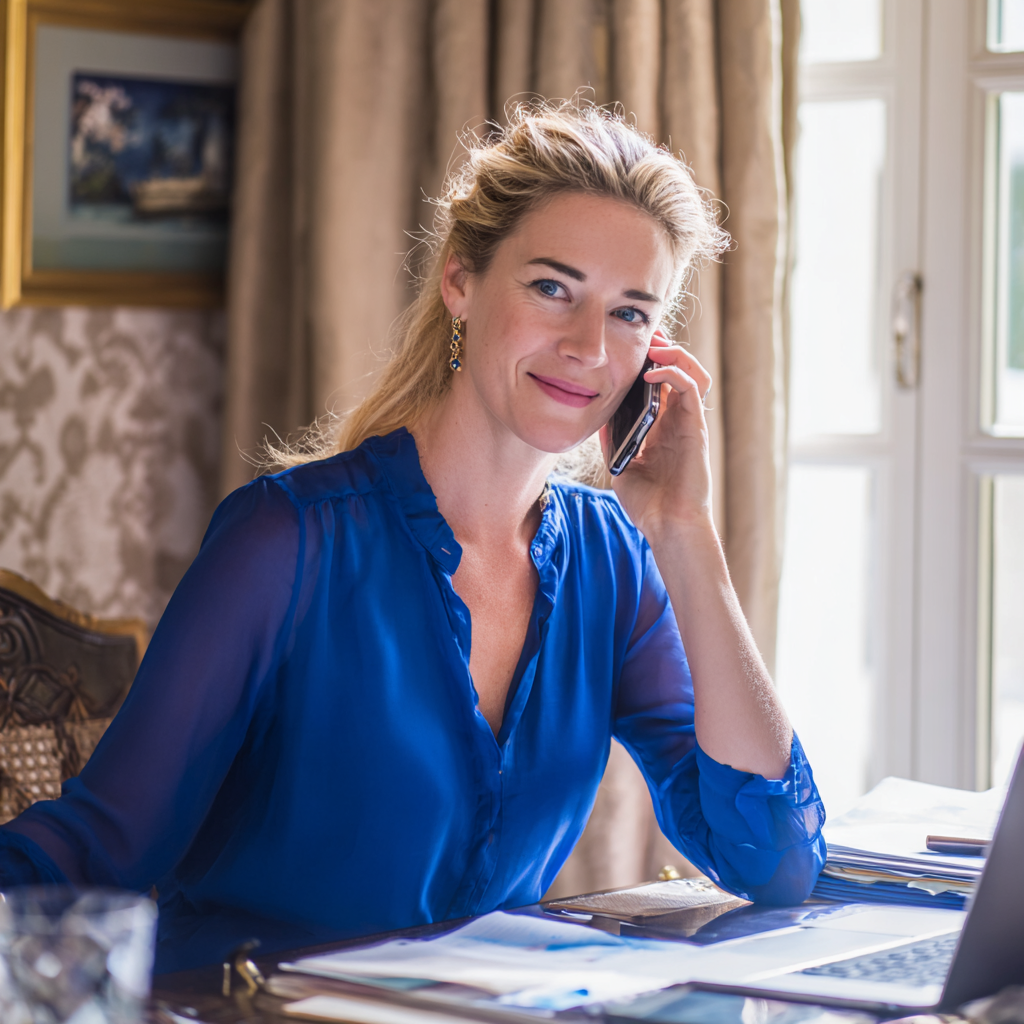 Una donna sorridente che parla al telefono | Fonte: Midjourney