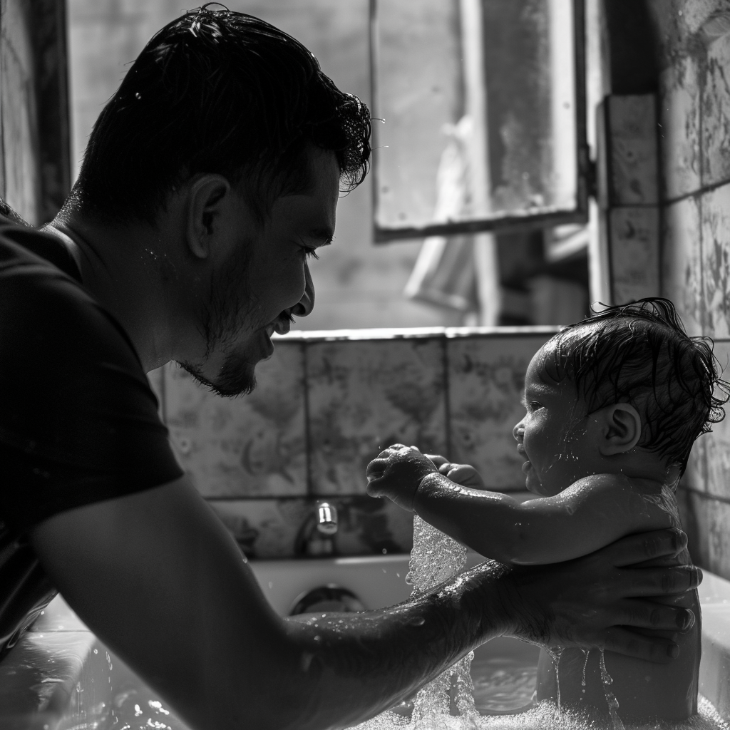 Tom bañando al bebé Luc | Fuente: Midjourney