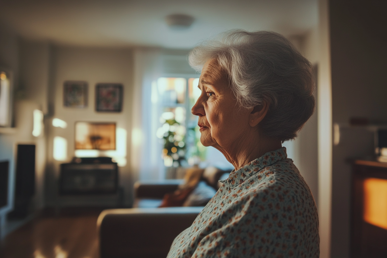 Una mujer mayor de pie en su casa | Fuente: Midjourney