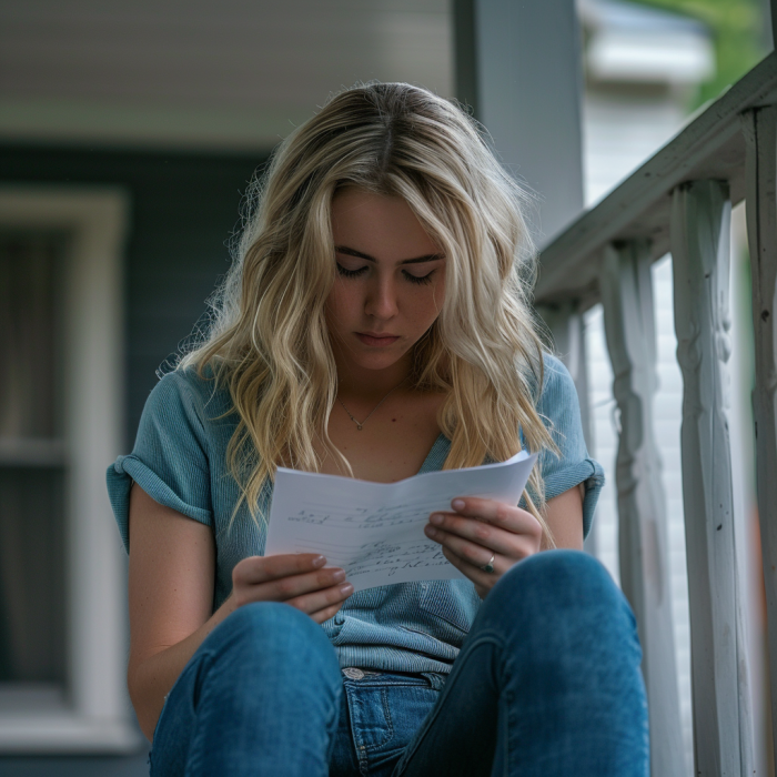 Una mujer está sentada en un porche y lee una carta | Fuente: Midjourney