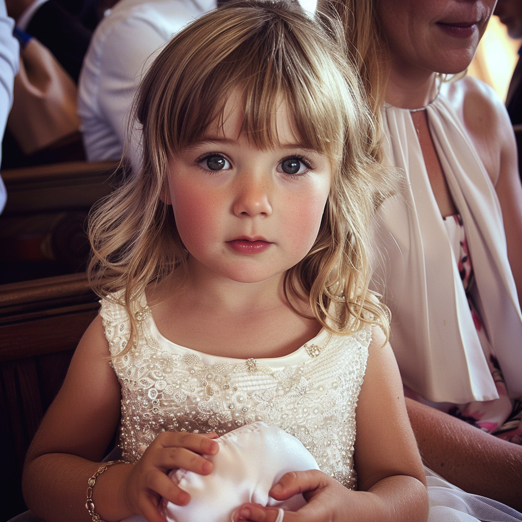 Una niña con un cojín de anillos | Fuente: Midjourney