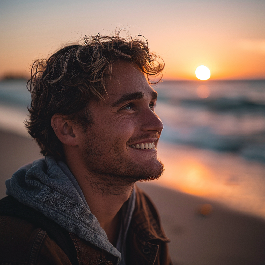 Un hombre sonríe de pie en una playa | Fuente: Midjourney