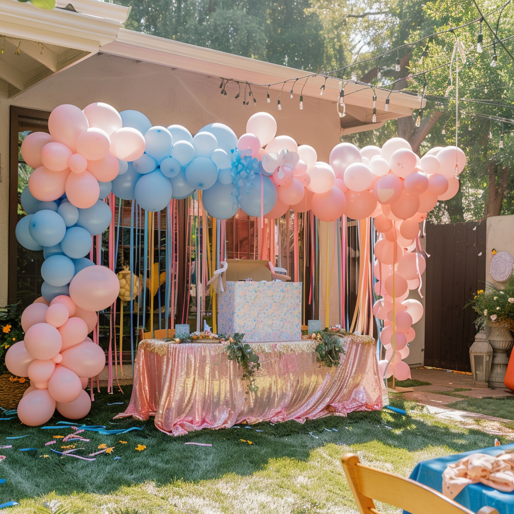 Un patio trasero decorado para una fiesta de revelación de género | Fuente: Midjourney