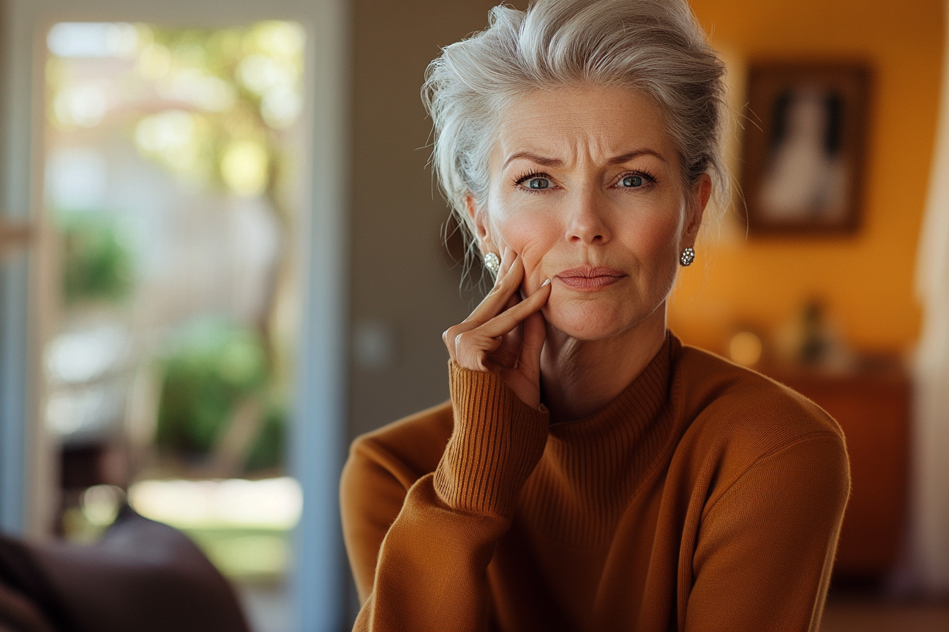 Mujer elegante de unos 60 años con cara de preocupación en el salón de su casa | Fuente: Midjourney