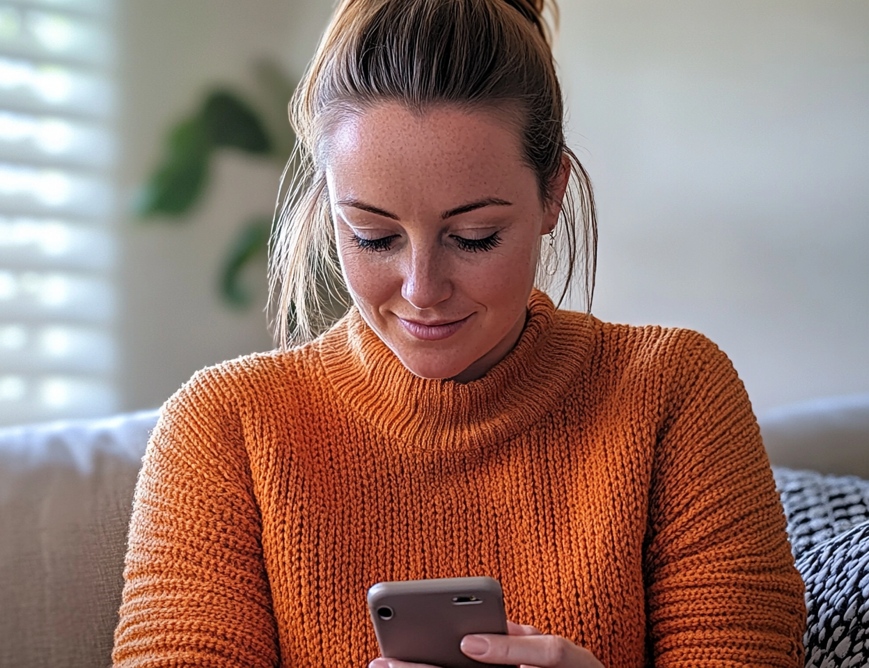 Una mujer sentada en un sofá y utilizando su teléfono | Fuente: Midjourney