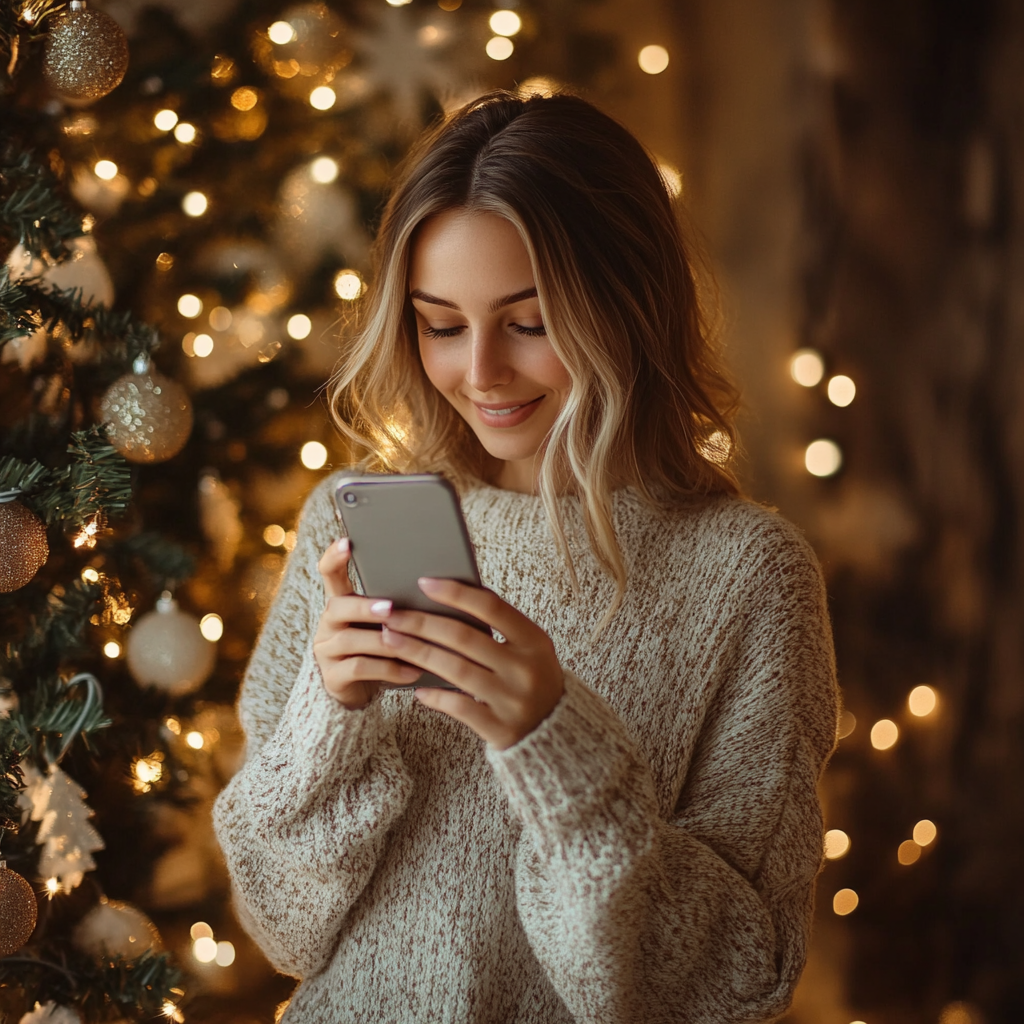 Una mujer sonriente con un teléfono en la mano | Fuente: Midjourney